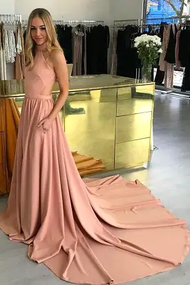 Barely Pink A Line Court Train Halter Sleeveless Sheer Back Prom Dresses