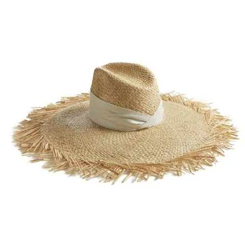 --Big Fringe White Band Straw Hat-