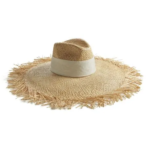 --Big Fringe White Band Straw Hat-