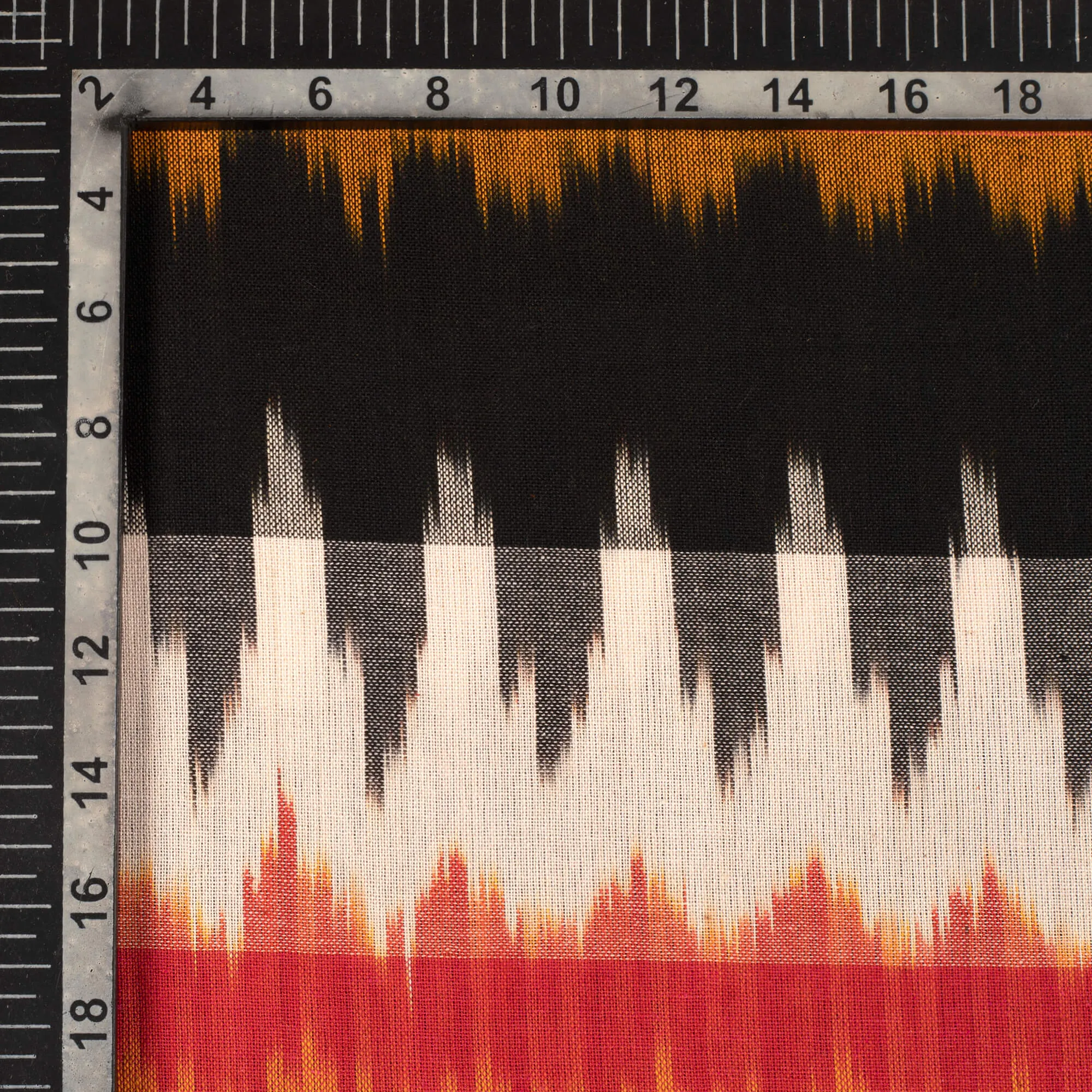 Black And Ginger Orange Chevron Pattern Woven Pre-Washed Cotton 3D Ikat Fabric