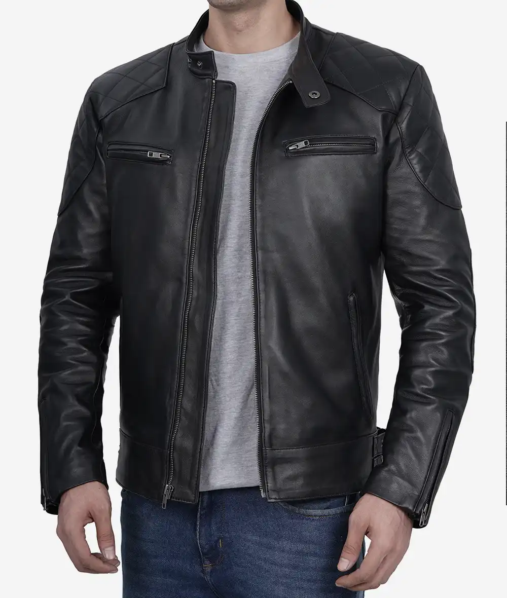 Black Leather Cafe Racer Jacket for Men