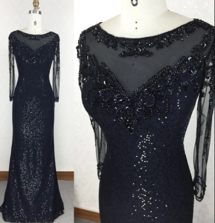 Black Sequins Tight Evening Dress Prom Dress with Sleeves