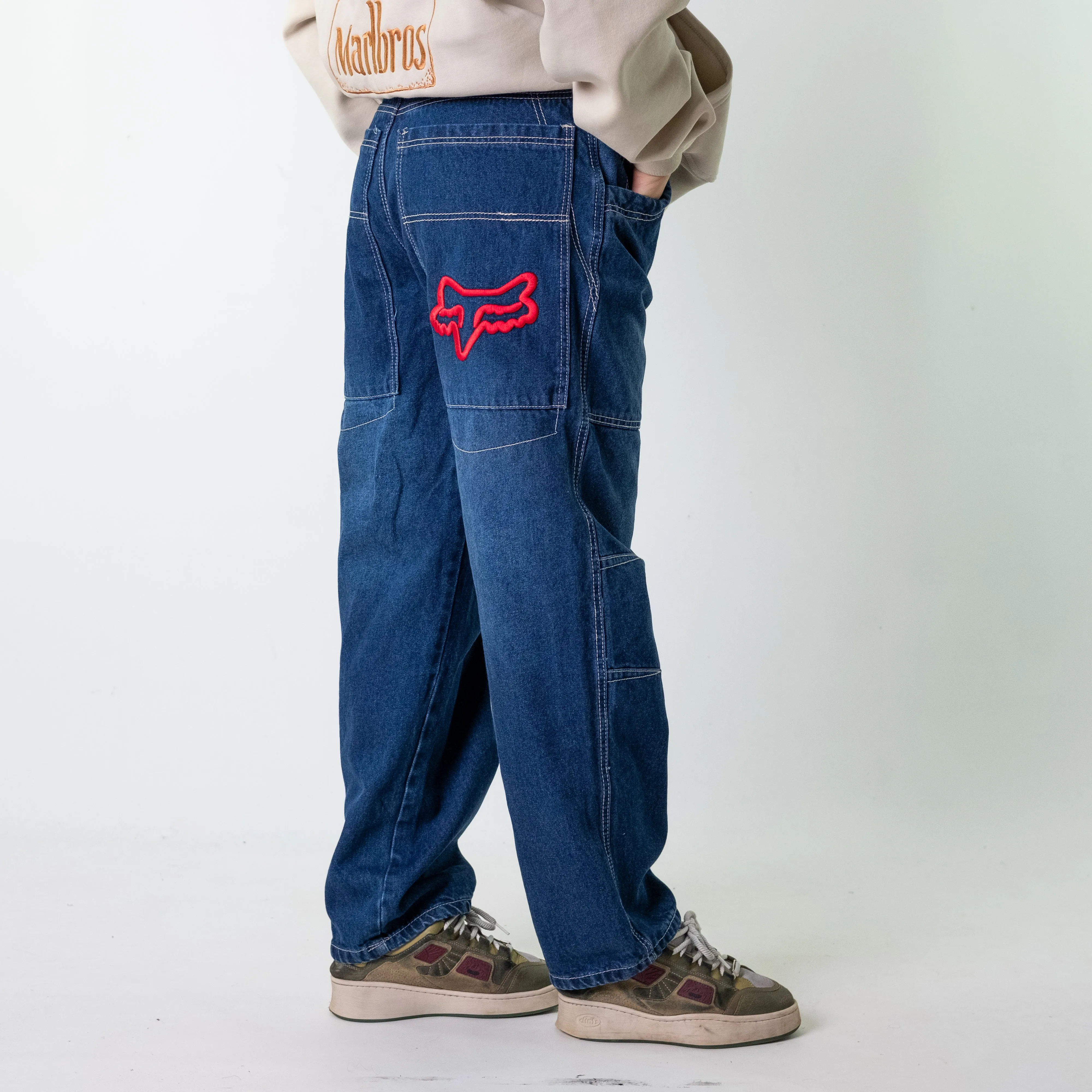 Blue Denim 90s Baggy Hip Hop Fox Racing Cargo Skater Trousers Pants Jeans (30x32)