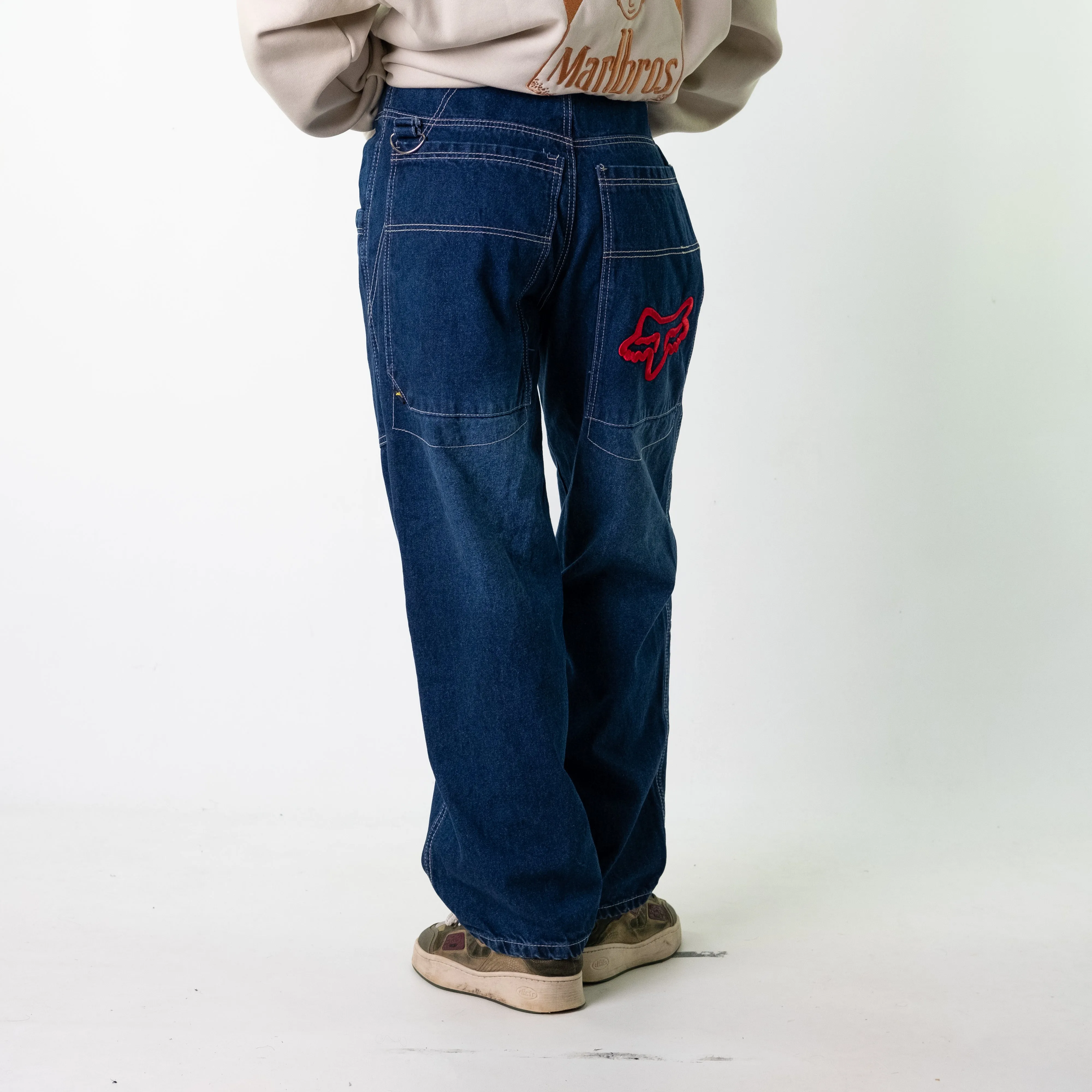 Blue Denim 90s Baggy Hip Hop Fox Racing Cargo Skater Trousers Pants Jeans (30x32)