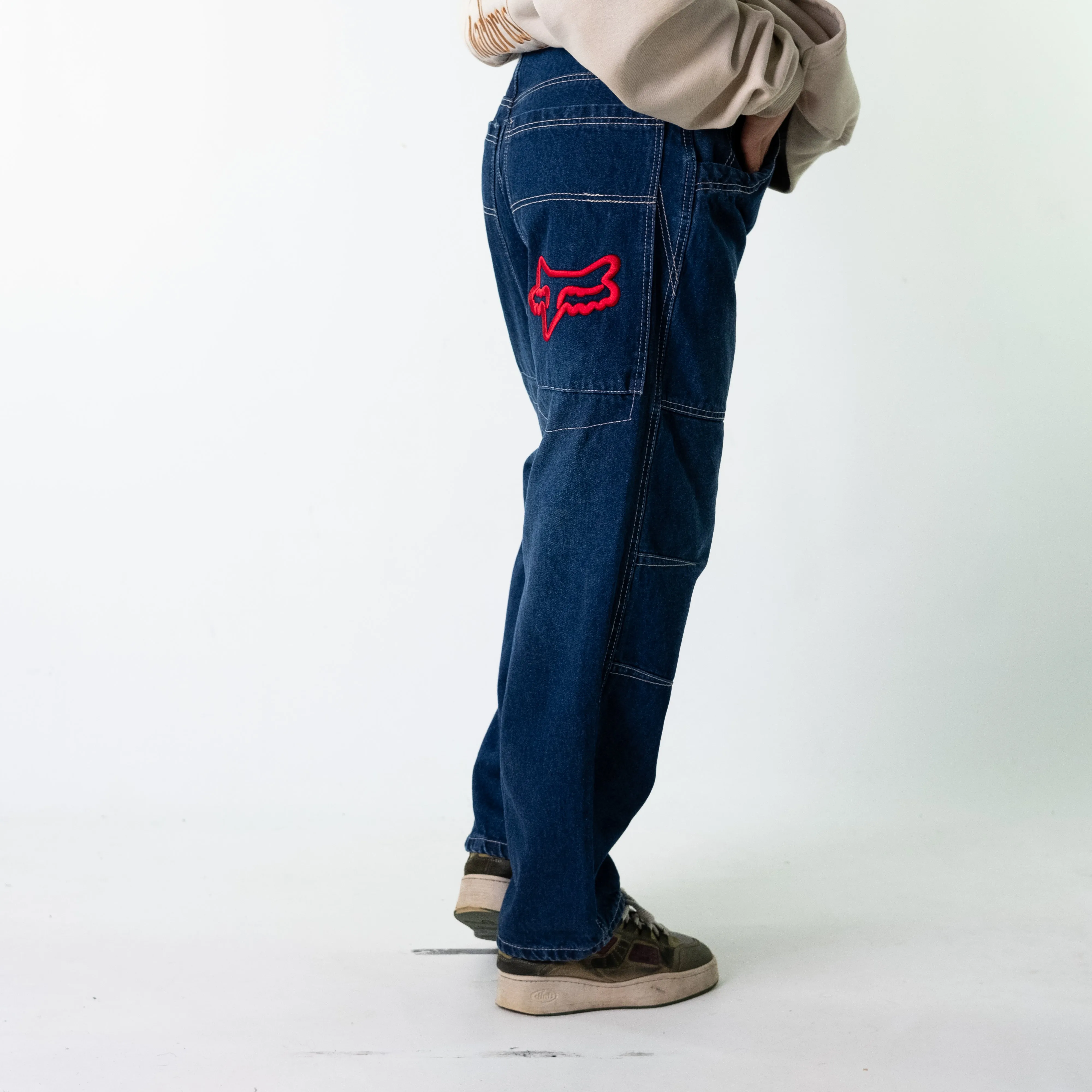 Blue Denim 90s Baggy Hip Hop Fox Racing Cargo Skater Trousers Pants Jeans (30x32)