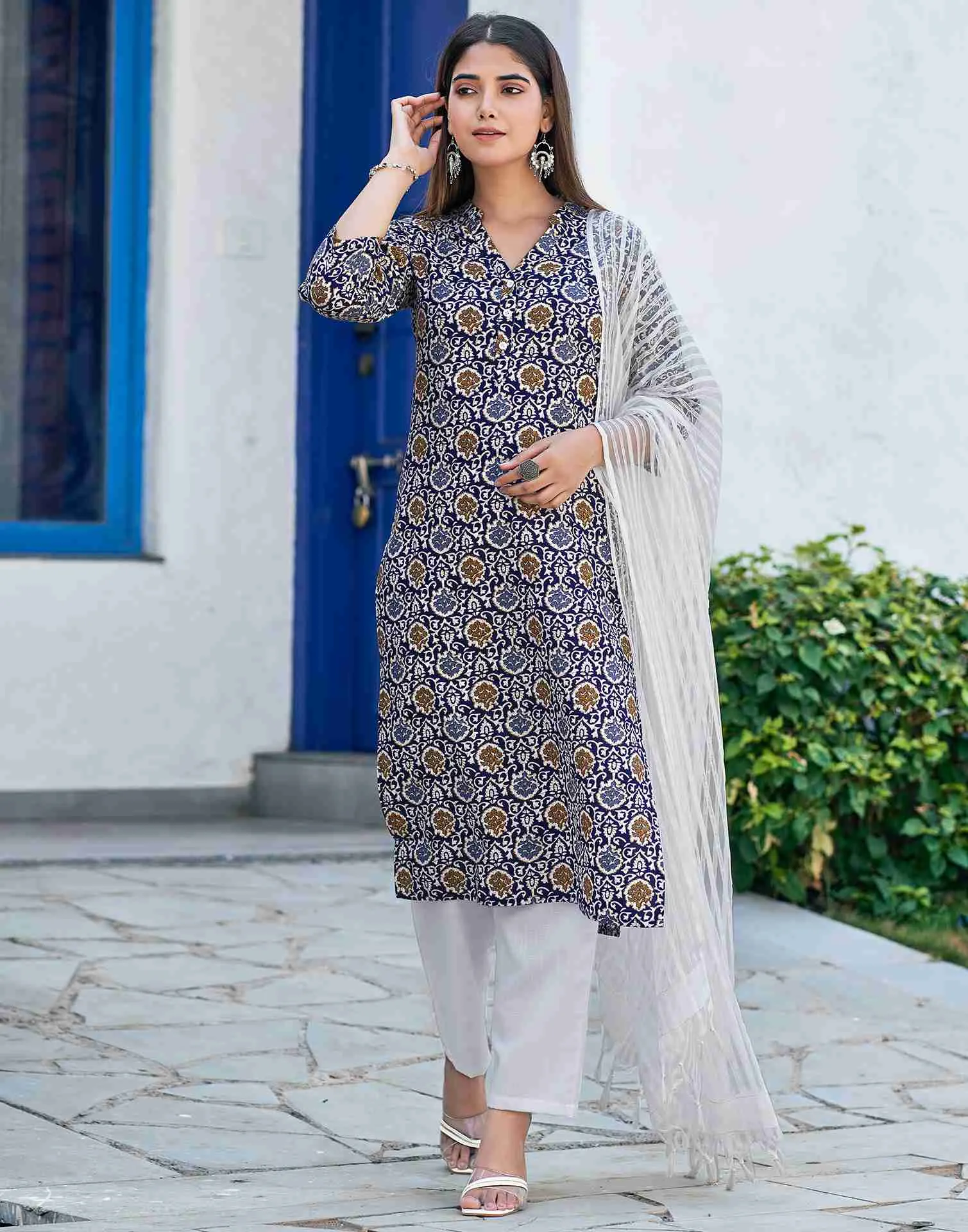 Blue Printed Cotton Straight Kurta Set With Dupatta