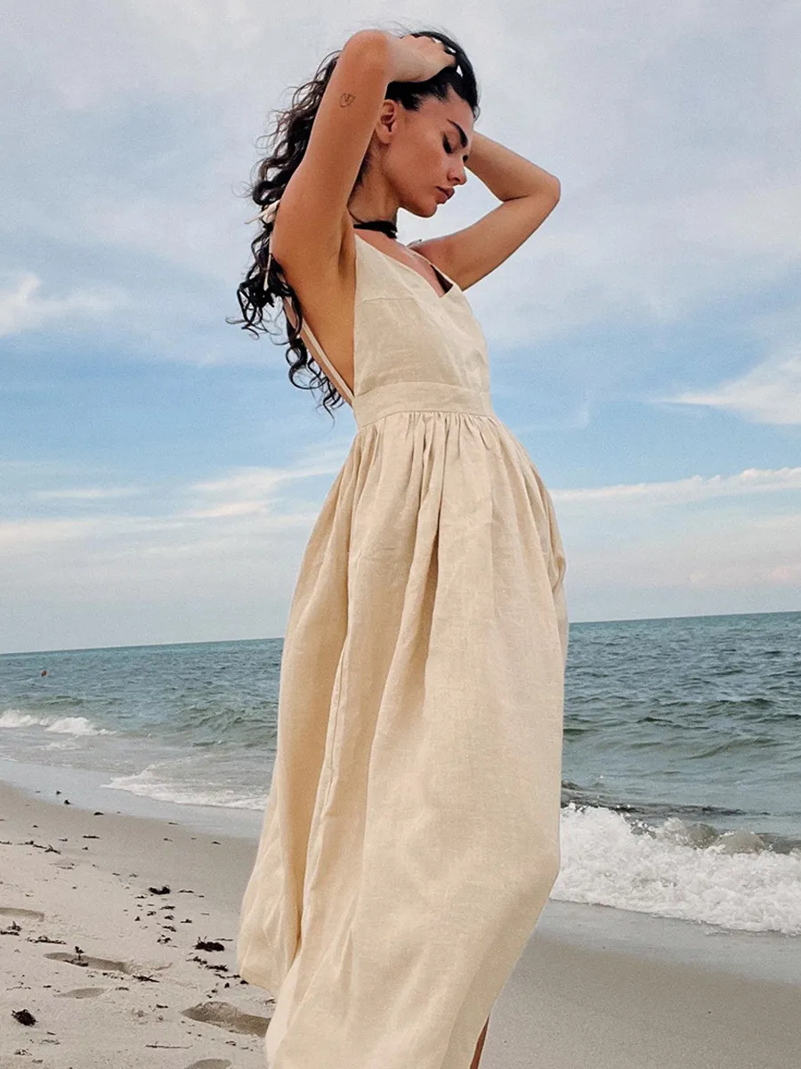 Boho Dress V-Neck Sleeveless Backless Casual Summer Beach Dresses