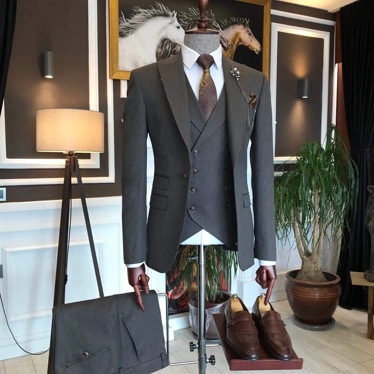 Bojoni Brown Slim-Fit Suit 3-Piece