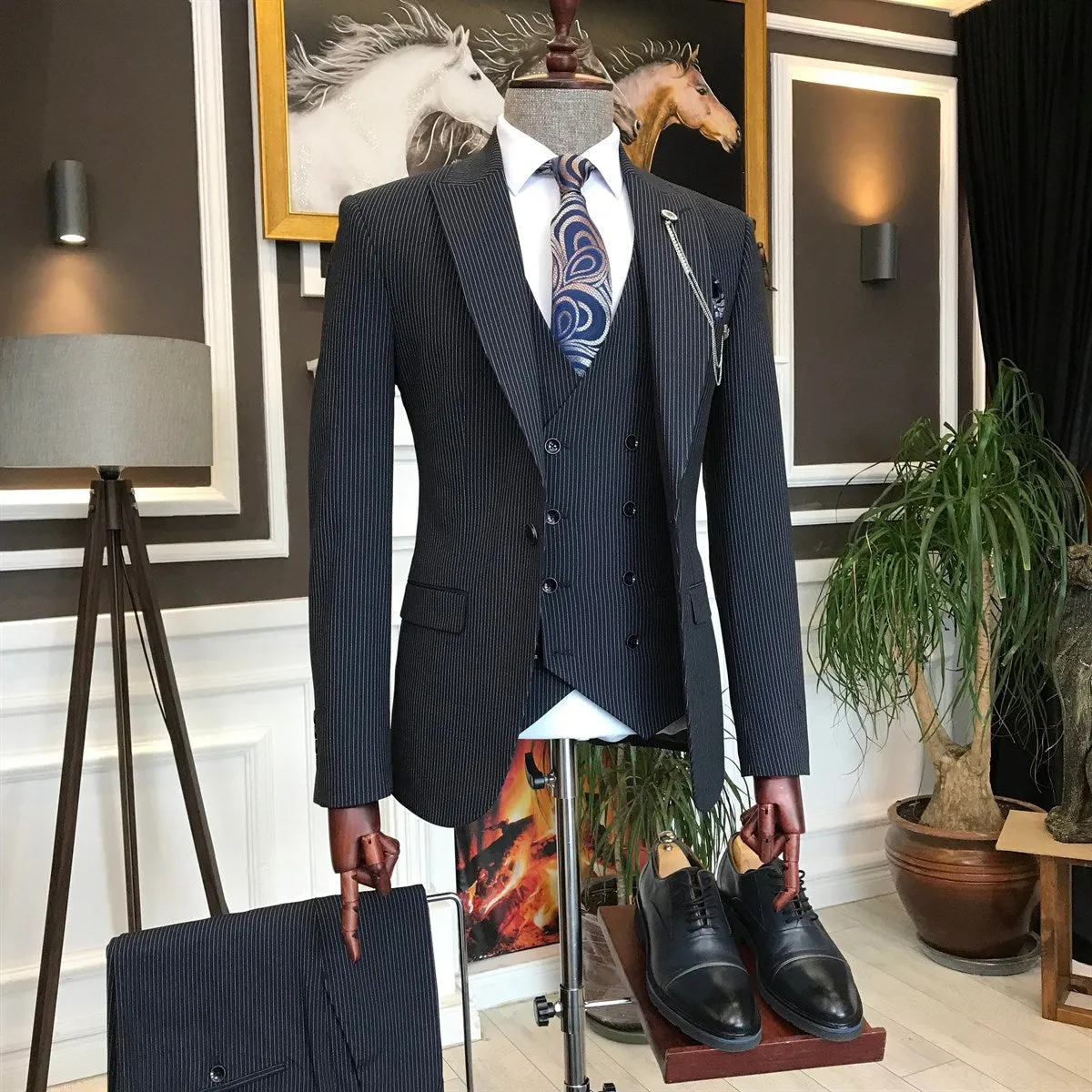 Bojoni Navy Striped Slim-Fit Suit 3-Piece