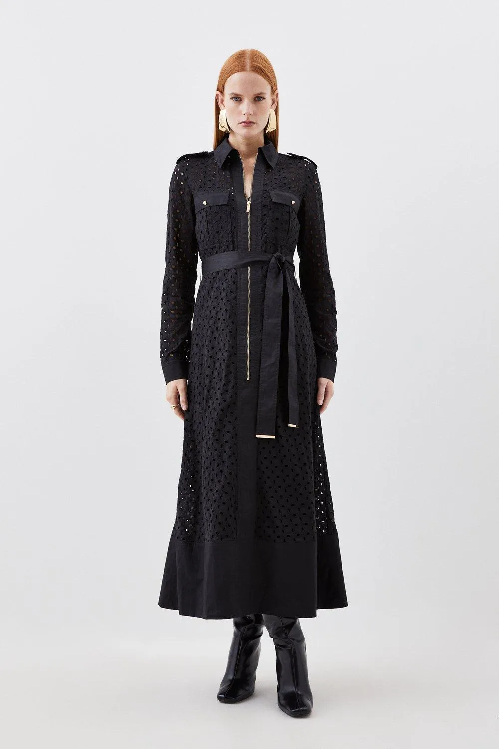 Broderie Cotton Mix Zip Woven Midi Dress | Karen Millen