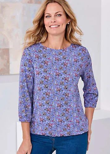 Bubble Hem 3/4 Sleeve Printed Top by Cotton Traders | Look Again