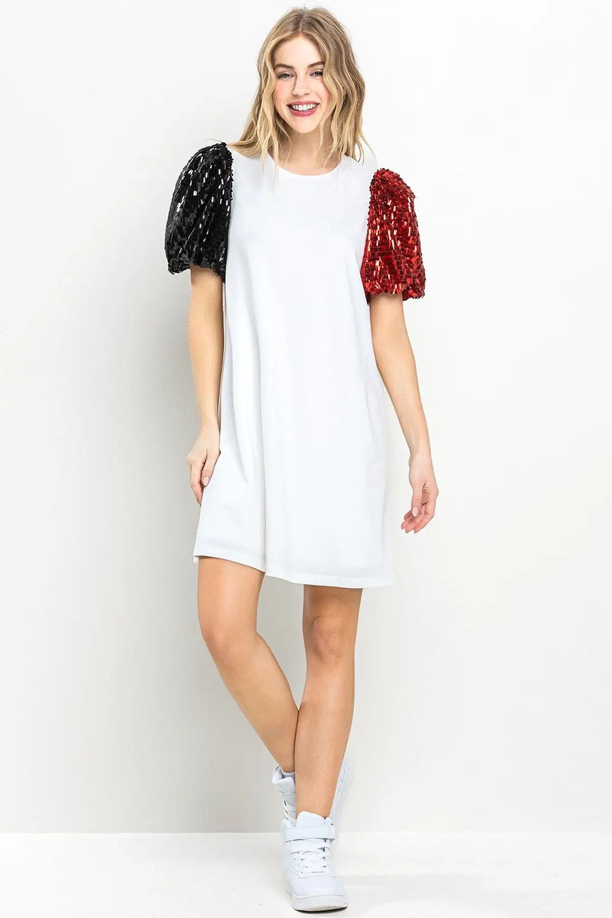 BUBBLE SLEEVE SEQUINS DRESS - RED/BLACK