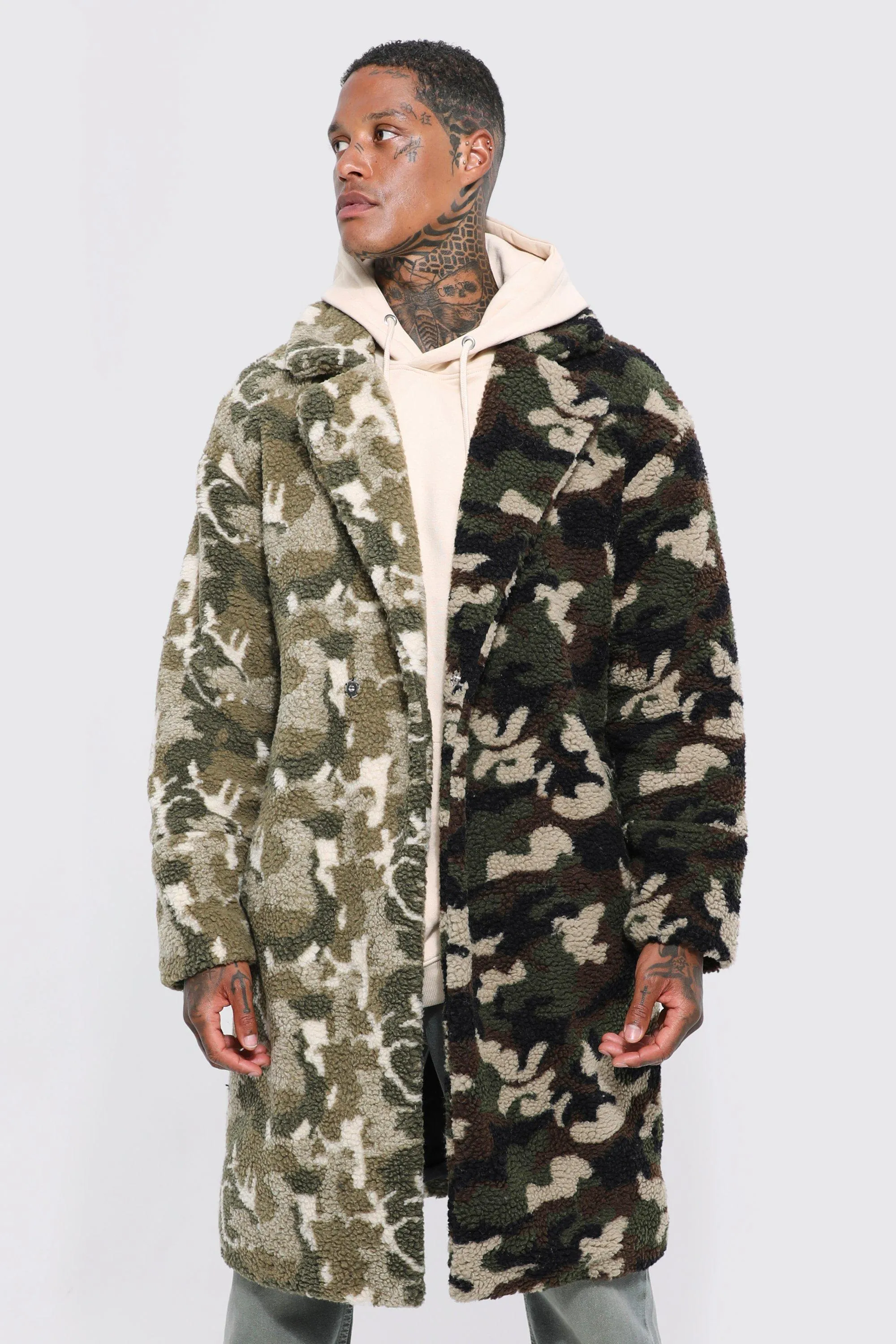 Camo Spliced Borg Longline Coat