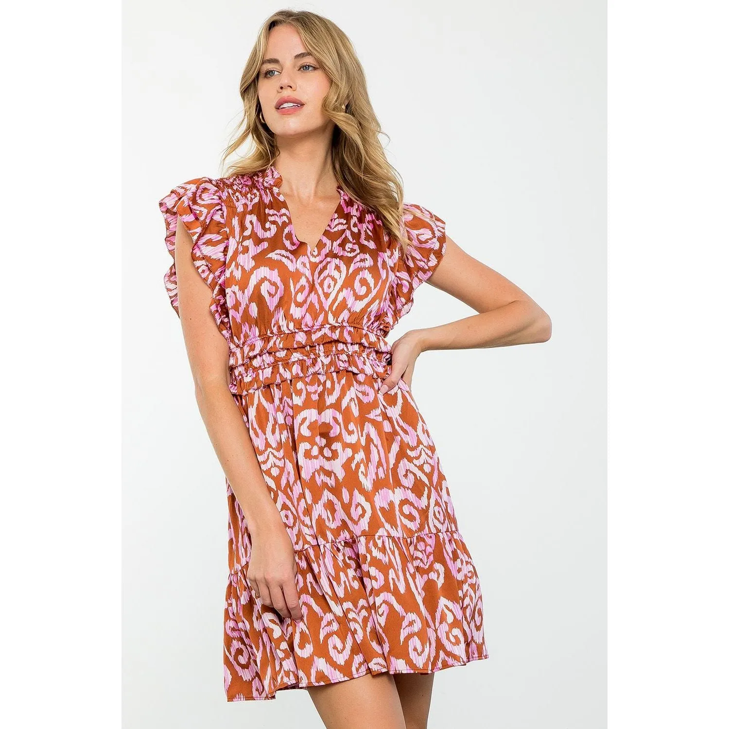 Celina Flutter Sleeve Tiered Print THML Dress-SALE