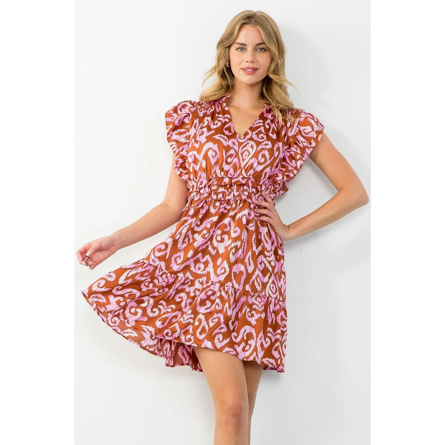 Celina Flutter Sleeve Tiered Print THML Dress-SALE