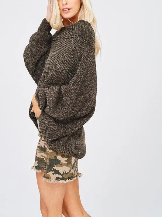 Chenille Turtleneck Knitted Pullover Sweater in Olive