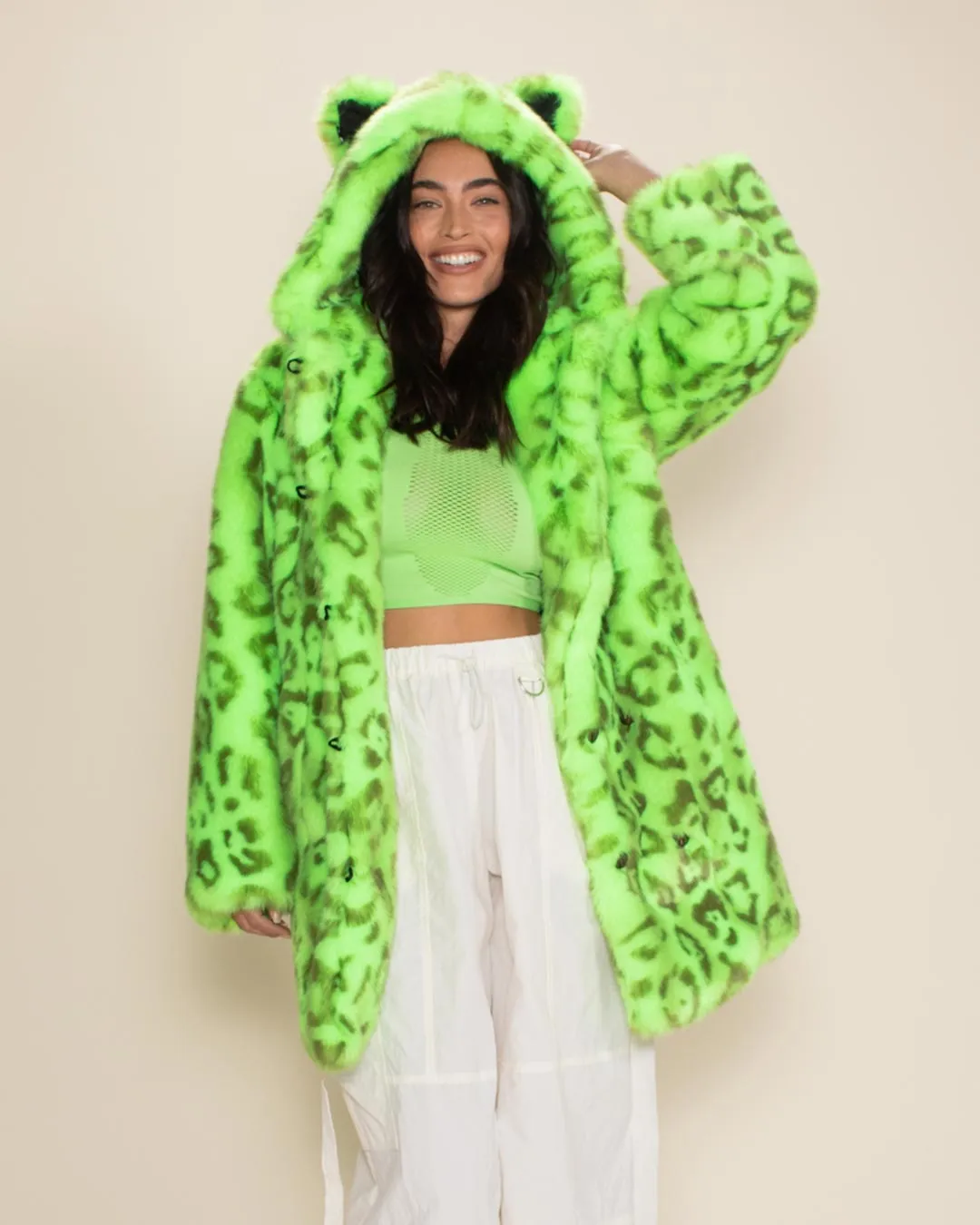 Classic Women's Faux Fur Coat | Neon Green Leopard