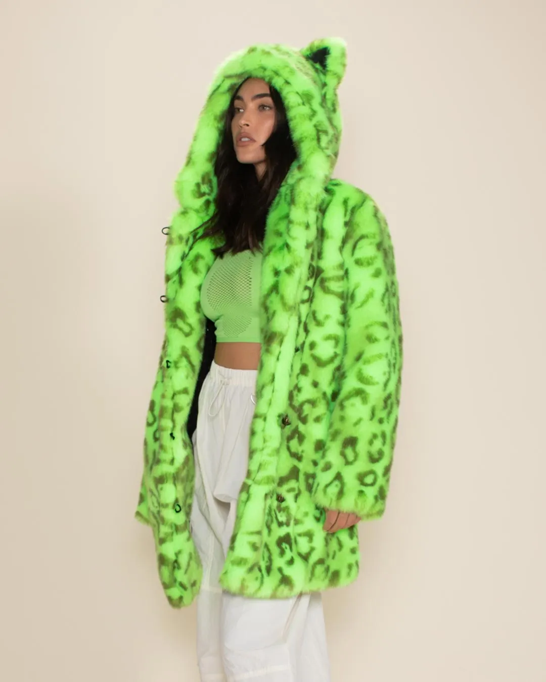 Classic Women's Faux Fur Coat | Neon Green Leopard