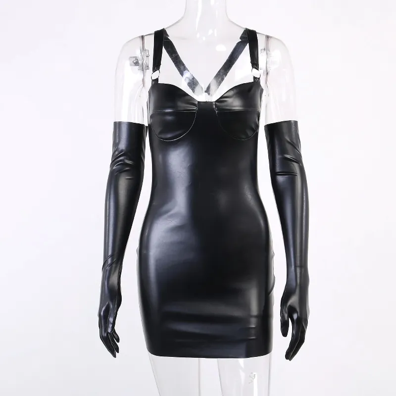 CLEARANCE / Gothic Sexy PU Leather Black Mini Dress with gloves / Women's Dress Backless Sleeveless