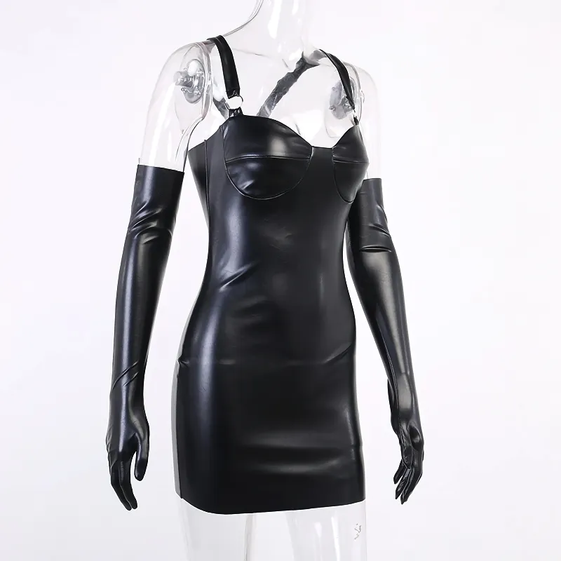 CLEARANCE / Gothic Sexy PU Leather Black Mini Dress with gloves / Women's Dress Backless Sleeveless