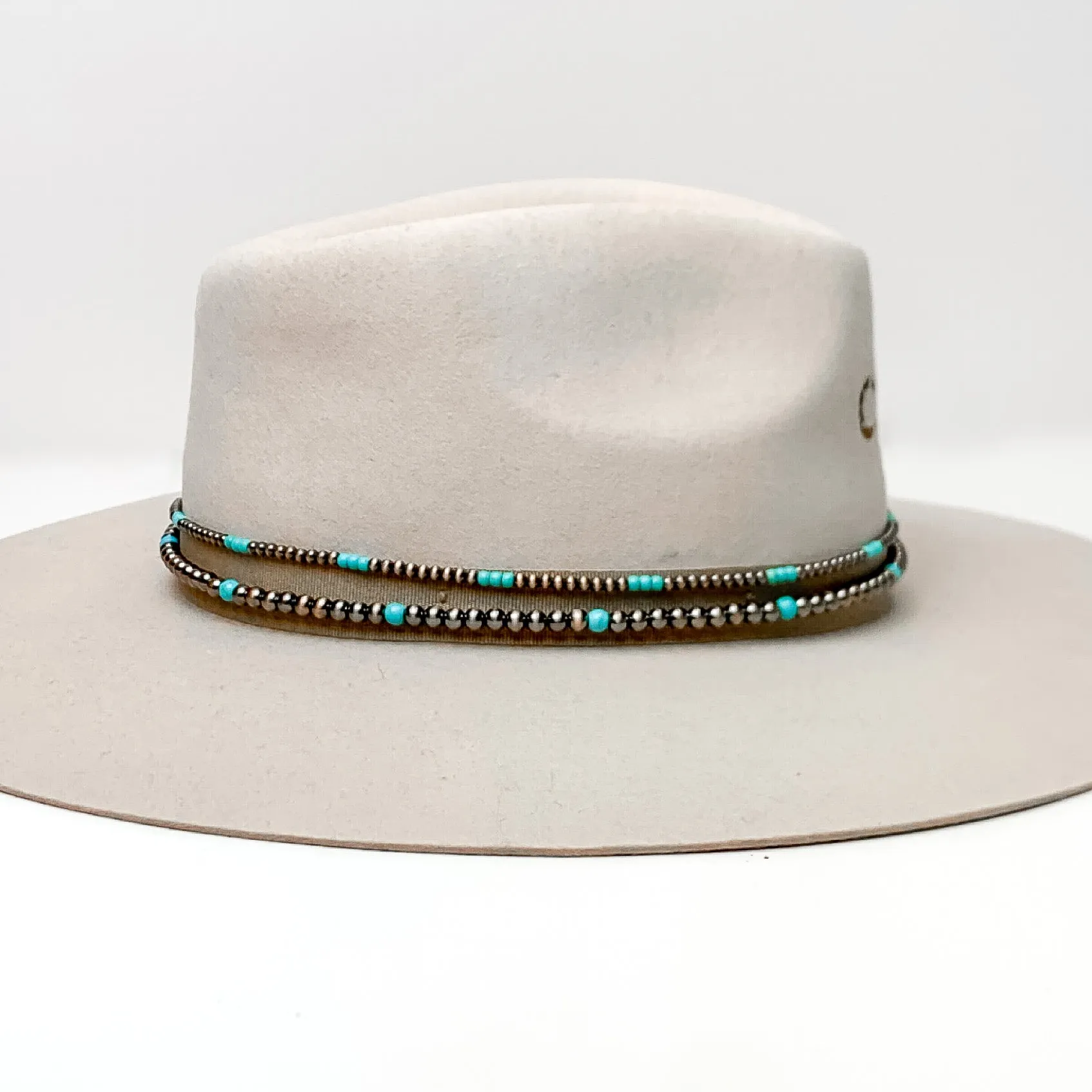 Copper Tone and Turquoise Pearl Hat Band With Black Tie Strings