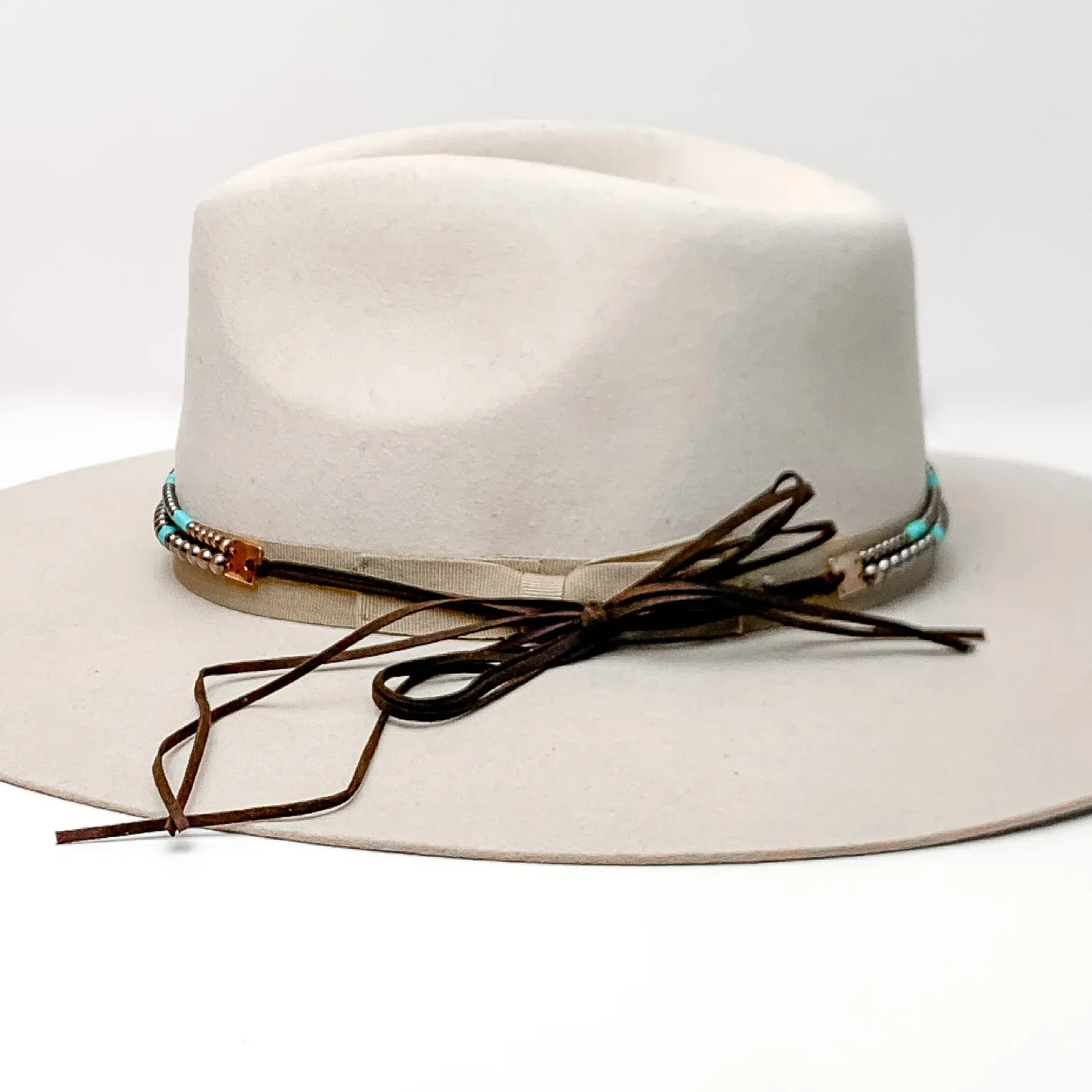 Copper Tone and Turquoise Pearl Hat Band With Black Tie Strings