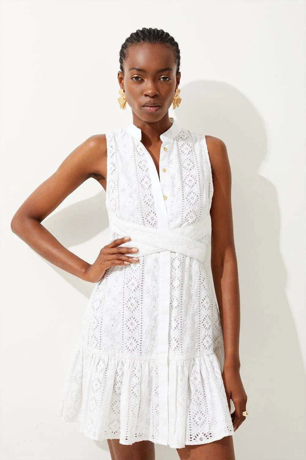 Cotton Broderie Wrap Detail Woven Mini Dress | Karen Millen