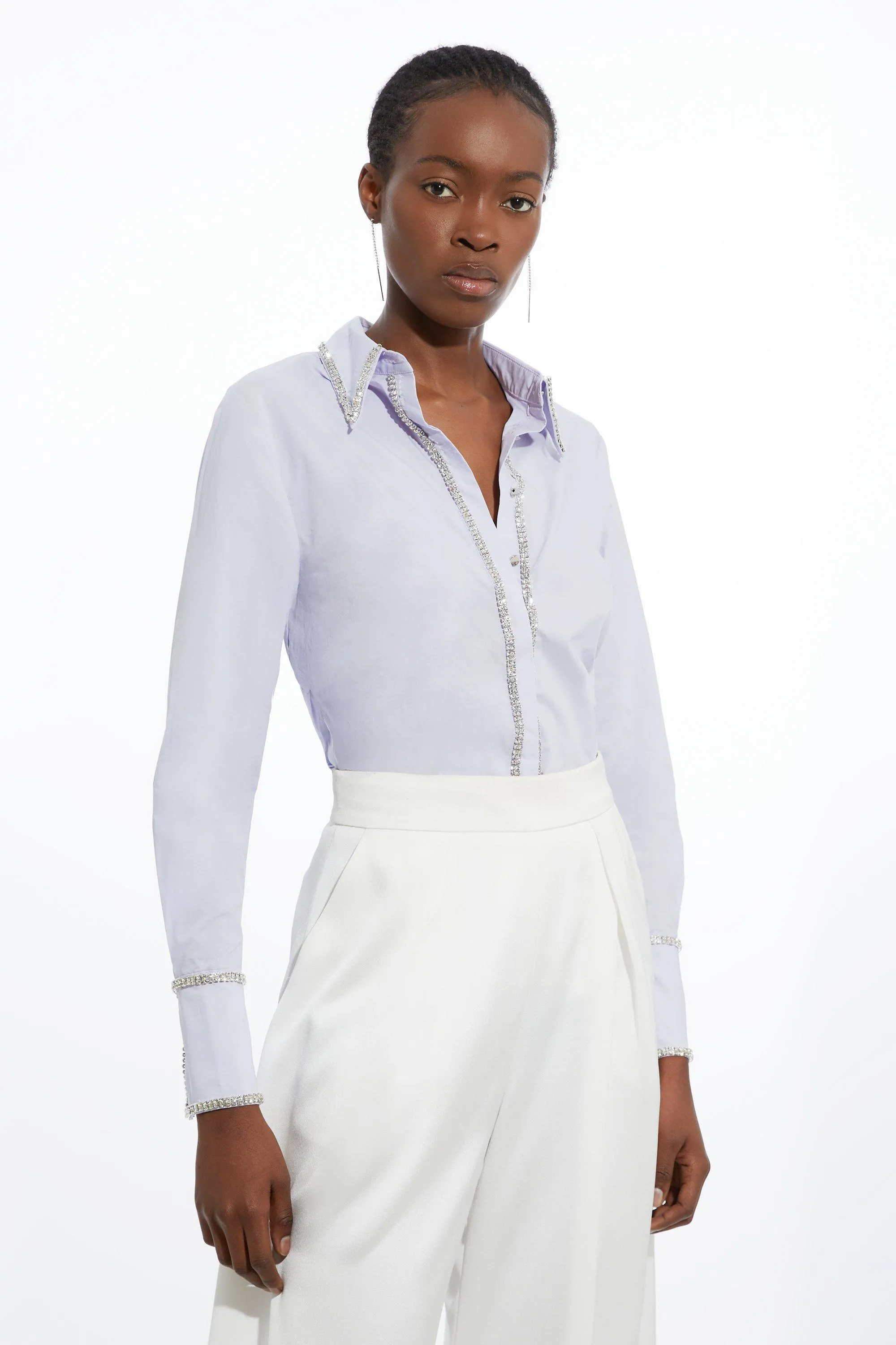 Cotton Poplin Embellished Trim Woven Shirt | Karen Millen