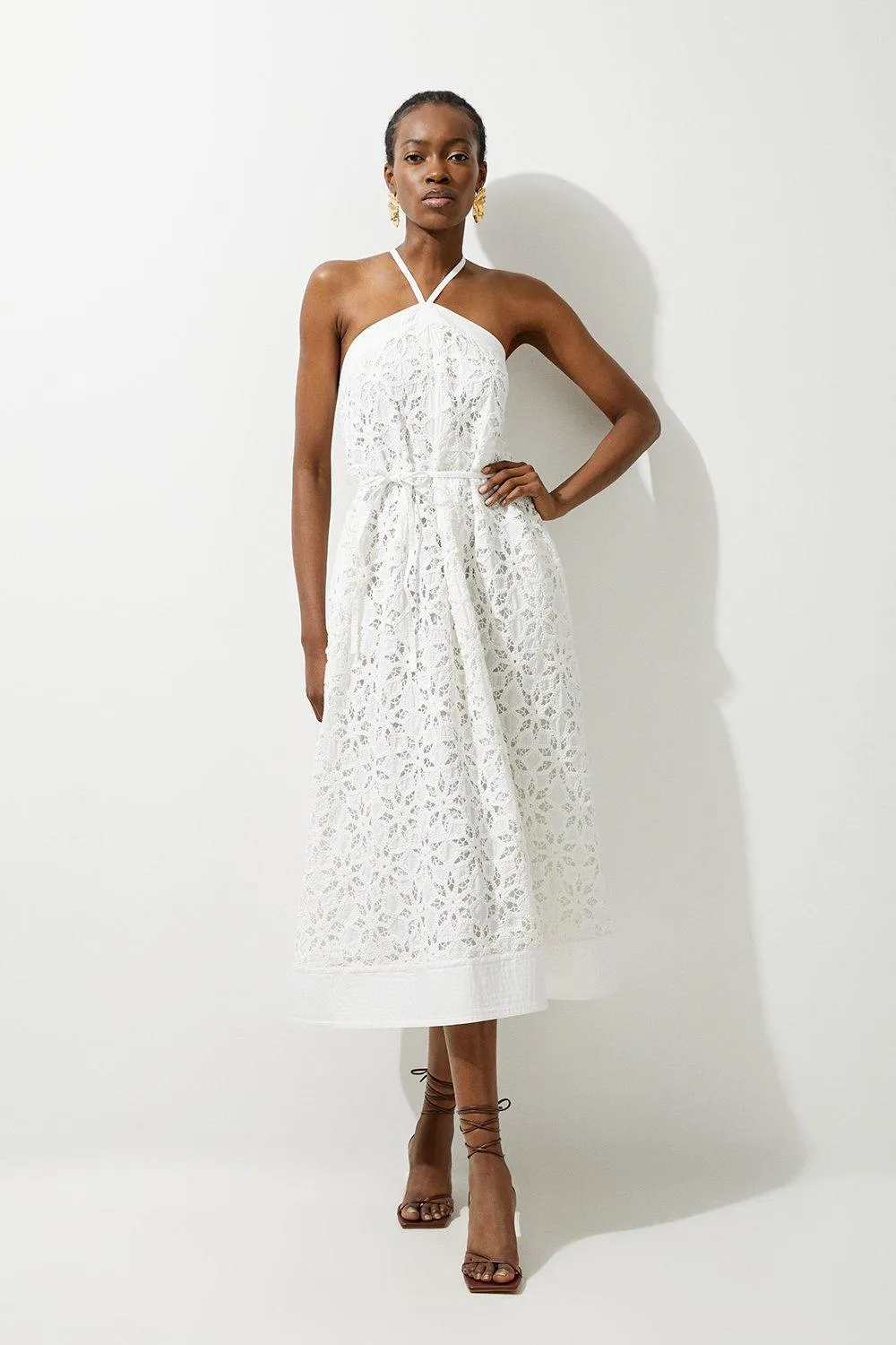 Crafted Cotton Embroidery Woven Halter Midi Dress | Karen Millen