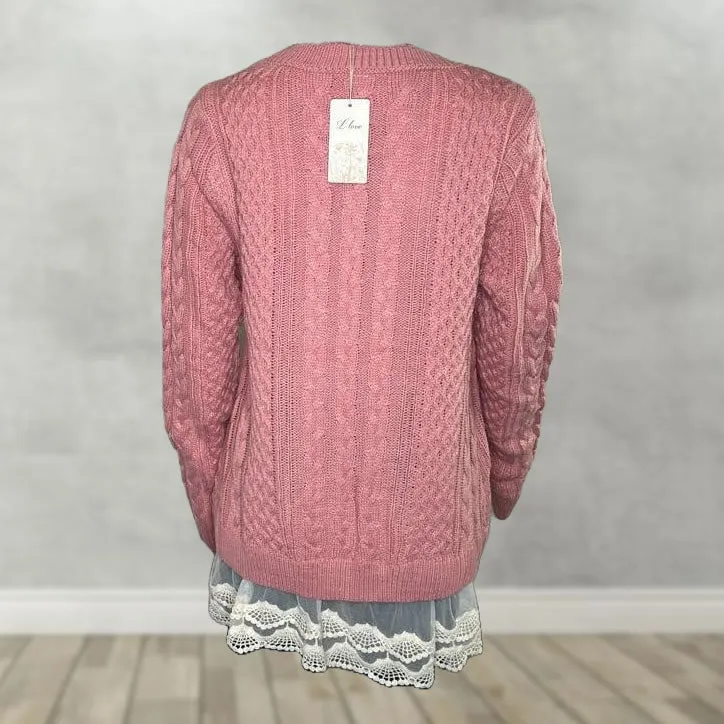 Crochet Lace Detail Pink Cable Sweater