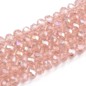 Crystal Glass Beads, Electroplated, Rondelle, Faceted, Misty Rose, AB, 6mm