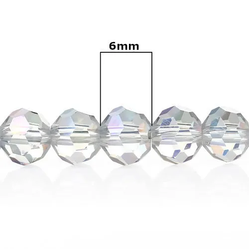 Crystal Glass Beads, Round, Faceted, Transparent, AB, Rainbow, 6mm