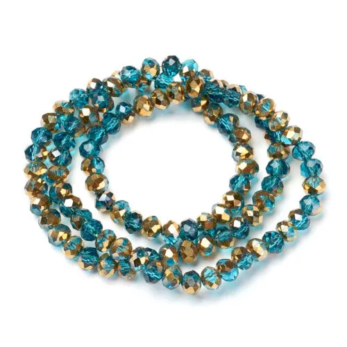 Crystal Glass Beads, Transparent, Electroplated, Rondelle, Faceted, Half Gold Plated, Cornflower Blue, 6mm