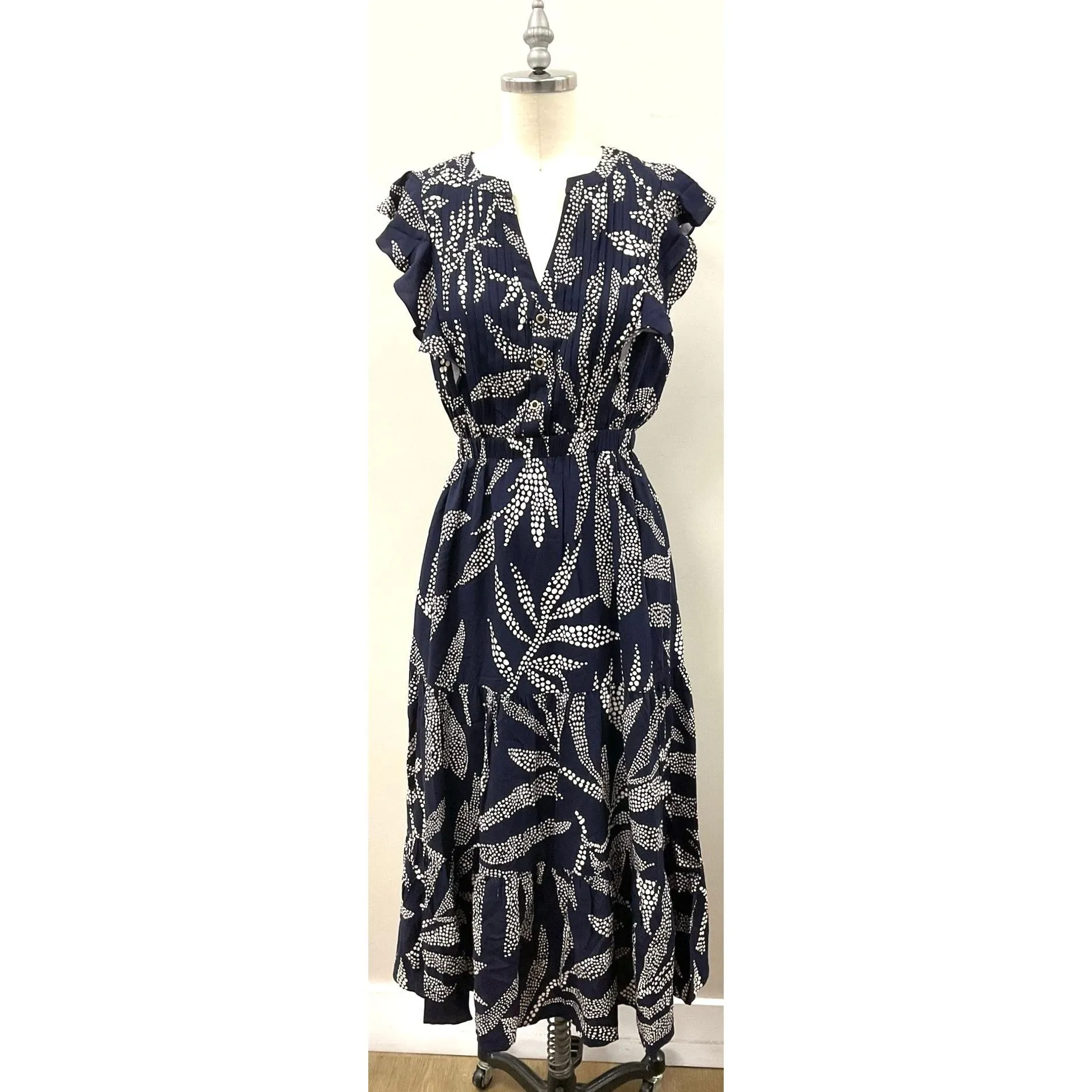 Delia Navy Flutter Sleeve Print THML Dress