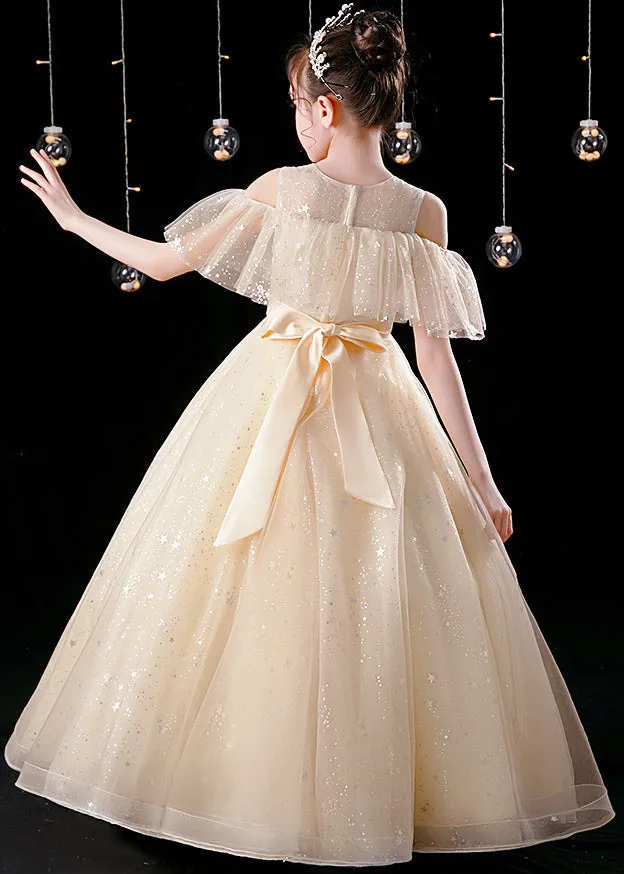 Elegant Champagne O-Neck Patchwork Sequins Tulle Kids Maxi Dress Summer