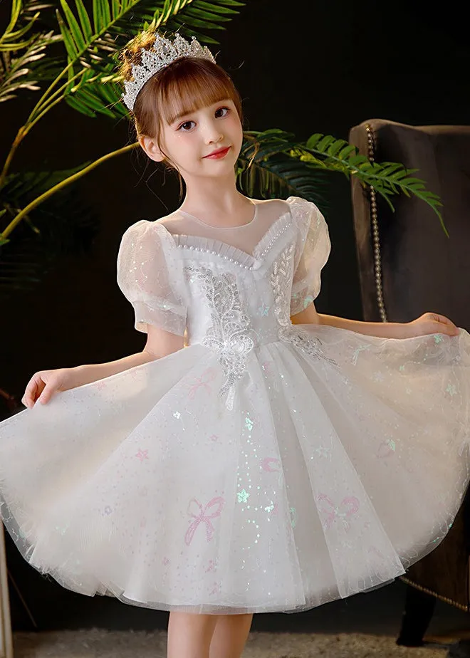 Elegant Champagne Sequins Patchwork Nail Bead Tulle Kids Mid Dress Summer