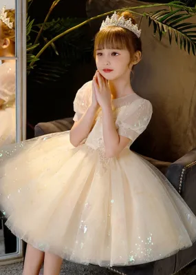 Elegant Champagne Sequins Patchwork Nail Bead Tulle Kids Mid Dress Summer