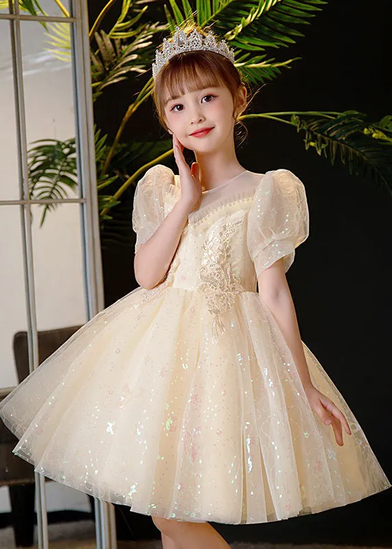 Elegant Champagne Sequins Patchwork Nail Bead Tulle Kids Mid Dress Summer