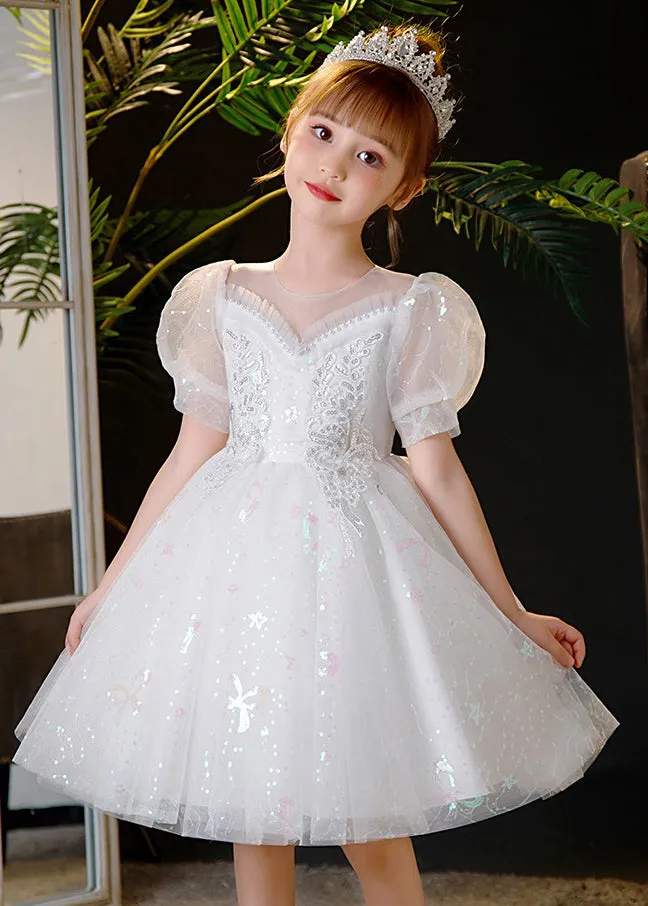 Elegant Champagne Sequins Patchwork Nail Bead Tulle Kids Mid Dress Summer