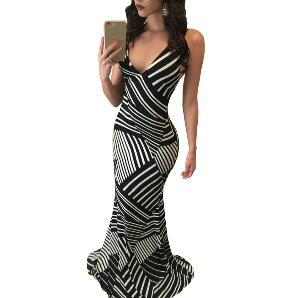 Elegant Long Dress  Evening Party Dress Backless Sleeveless Floor Length Black And White Dress SM6