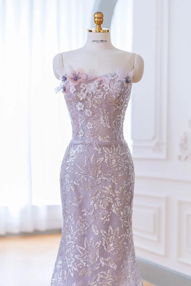 Elegant Taro Purple Sheath Sequins Formal Dress with removeable Tulle Train