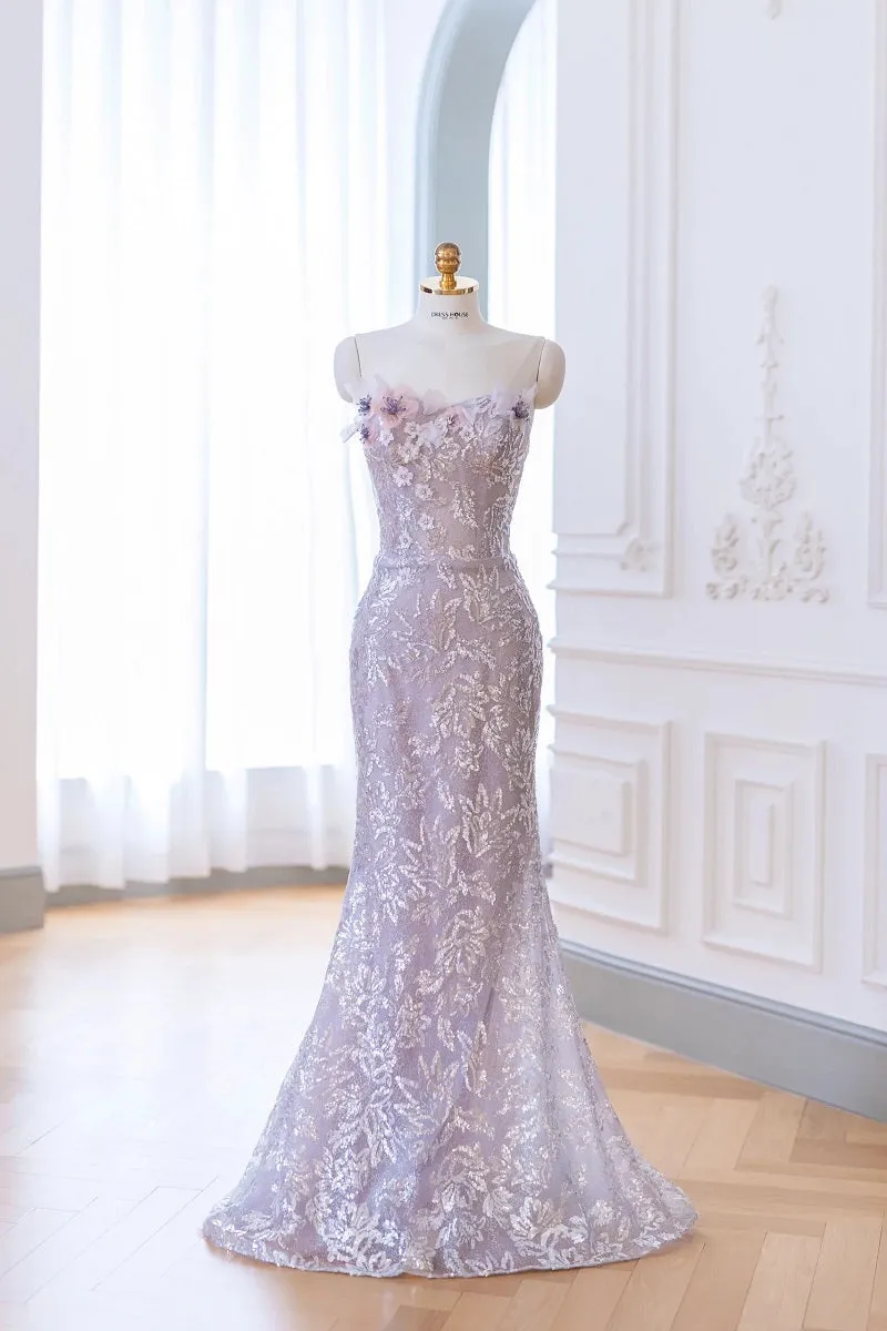 Elegant Taro Purple Sheath Sequins Formal Dress with removeable Tulle Train