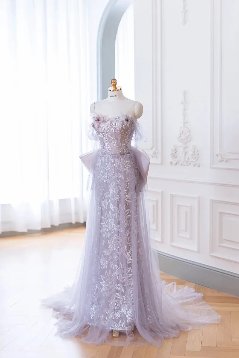 Elegant Taro Purple Sheath Sequins Formal Dress with removeable Tulle Train