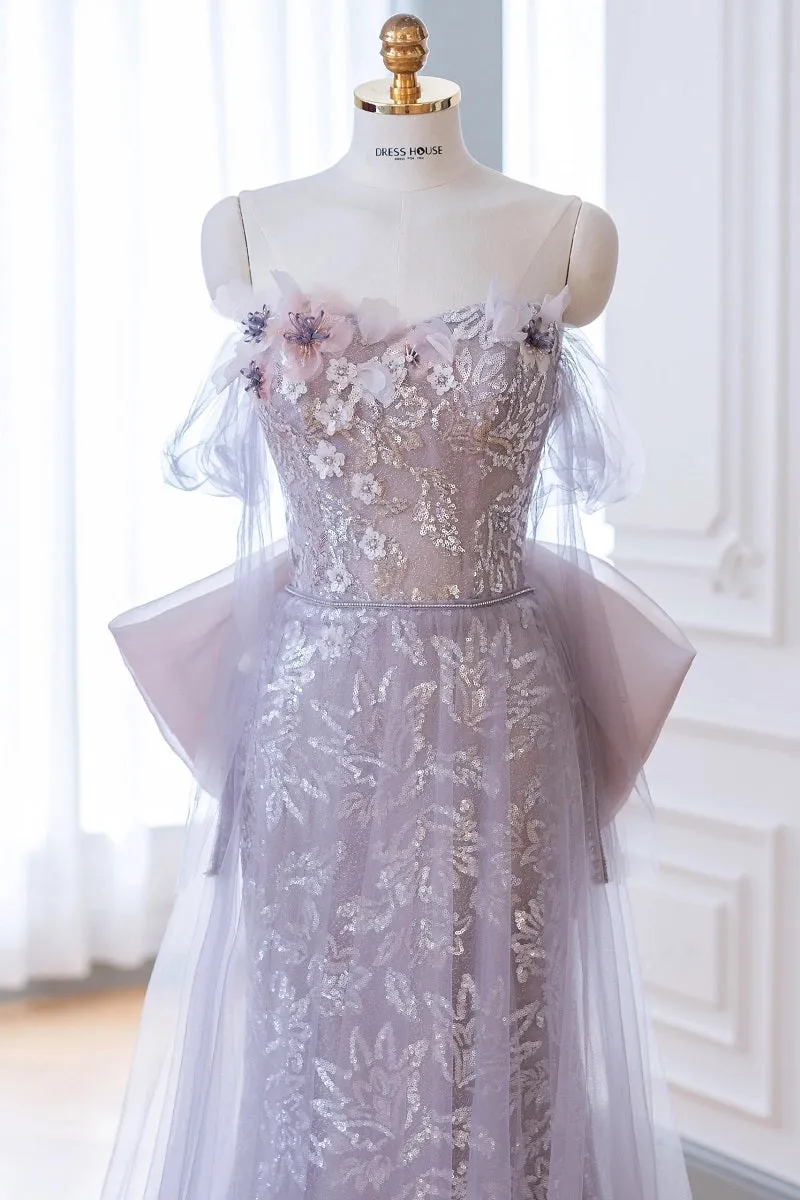 Elegant Taro Purple Sheath Sequins Formal Dress with removeable Tulle Train