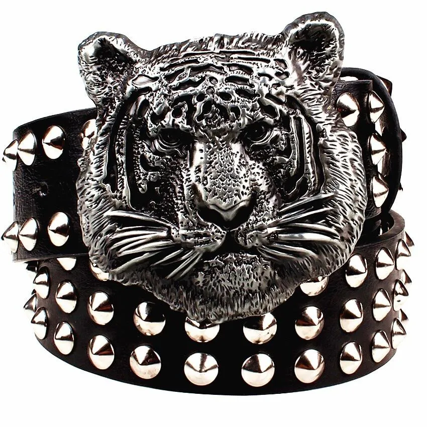 Fashion Men's Leather Belt with Cartoon Animal Tiger Head Metal Buckle