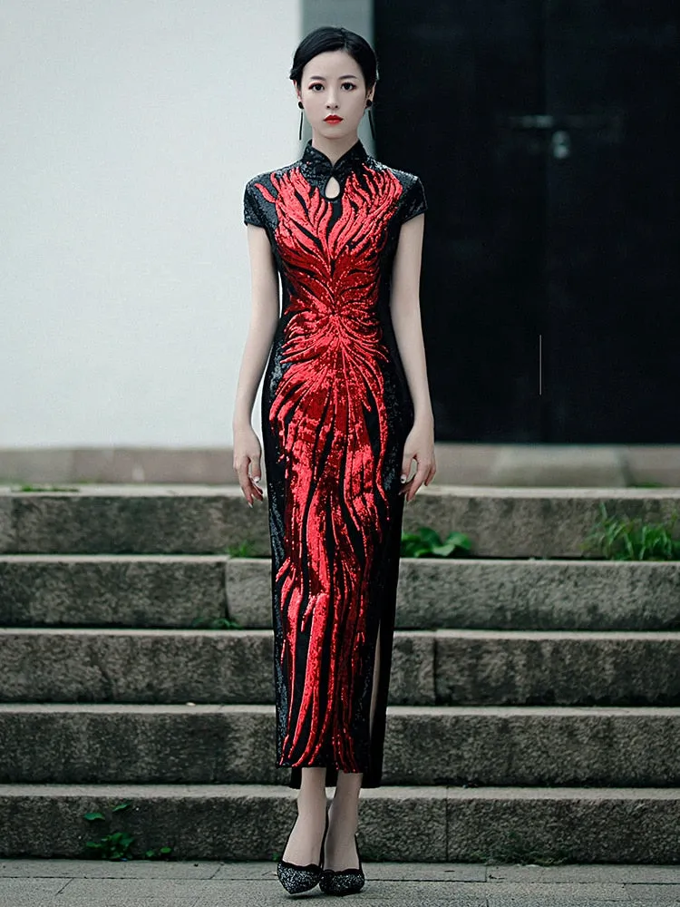 Fashion Sequins Embroidered Evening Dress Side-Slit Formal Occasion Women Black Red Short-Sleeve Tea-Length China Cheongsam