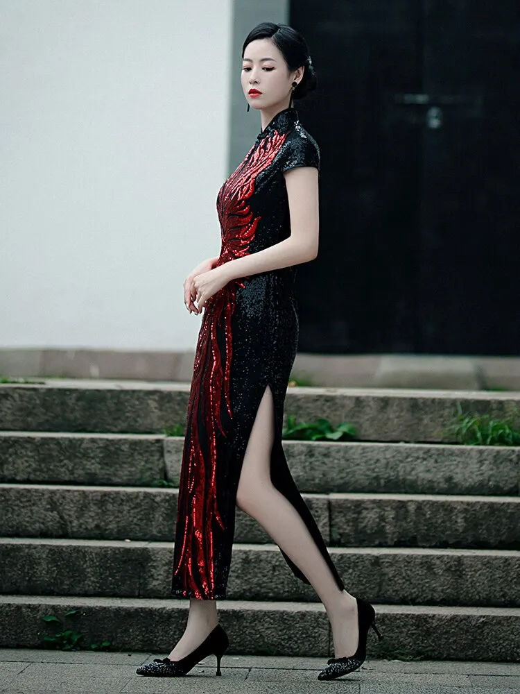 Fashion Sequins Embroidered Evening Dress Side-Slit Formal Occasion Women Black Red Short-Sleeve Tea-Length China Cheongsam