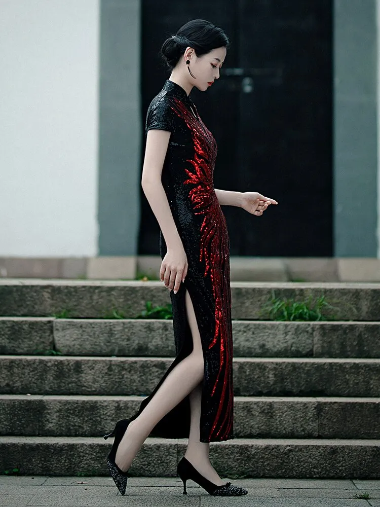 Fashion Sequins Embroidered Evening Dress Side-Slit Formal Occasion Women Black Red Short-Sleeve Tea-Length China Cheongsam