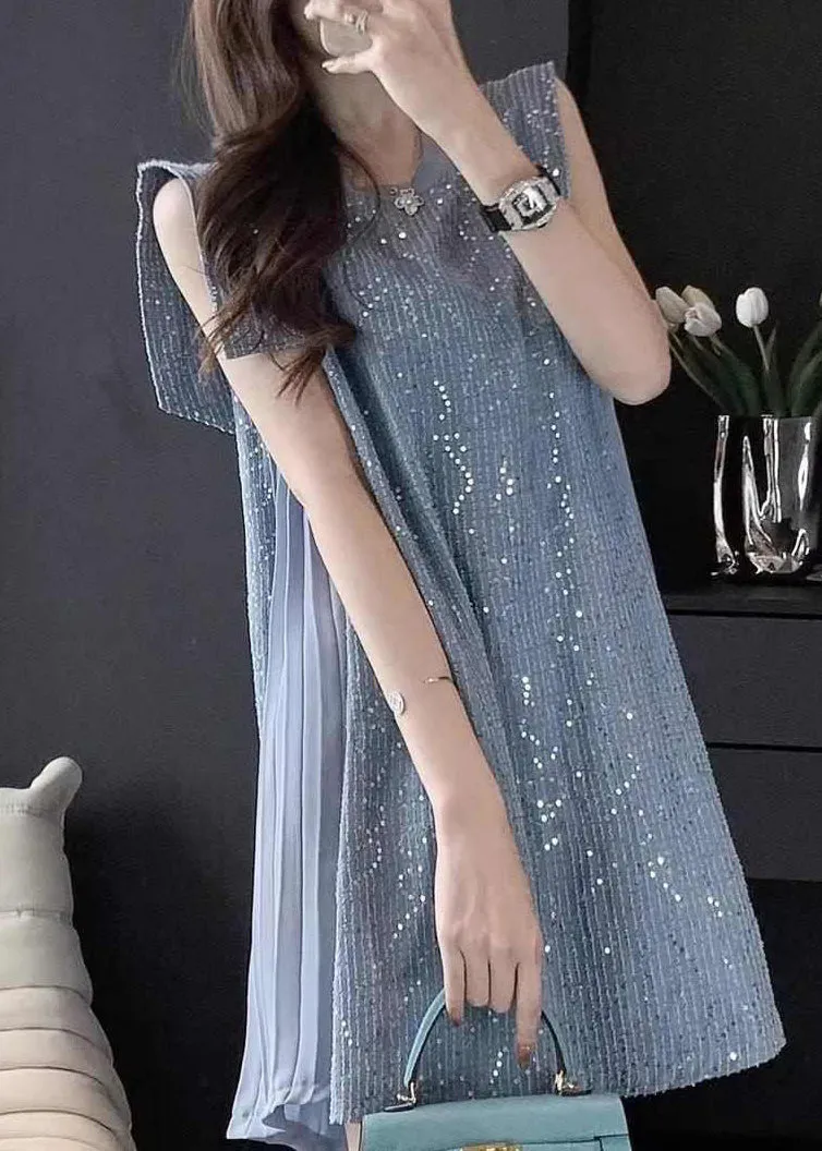 French Blue Tulle Patchwork Sequins Mid Dress Summer