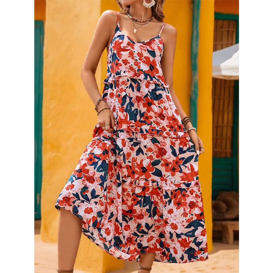 Frill Backless Printed Sleeveless Midi Dress